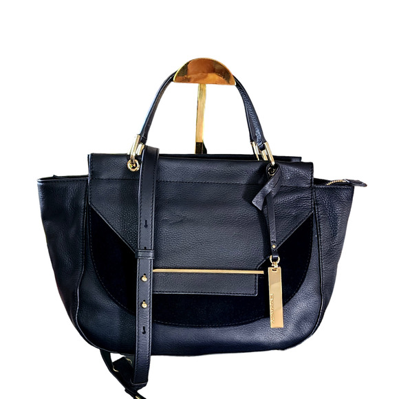 Vince Camuto black leather & suede satchel handbag - Picture 1 of 11
